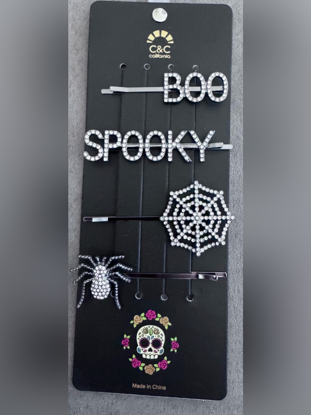 Halloween Rhinestone Hair Clip Set - Silver Spooky Spider & Web